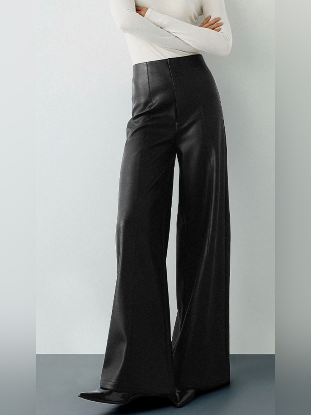 Commense High-Waist Black Wide-Leg Faux Leather Pants